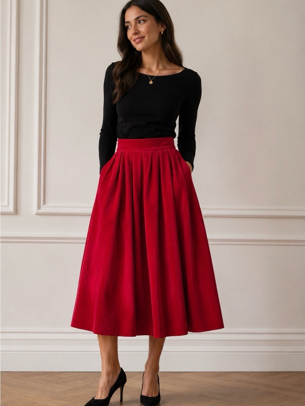 Vintage velvet Pleated high waisted a line Midi Skirt in Red lined with pockets